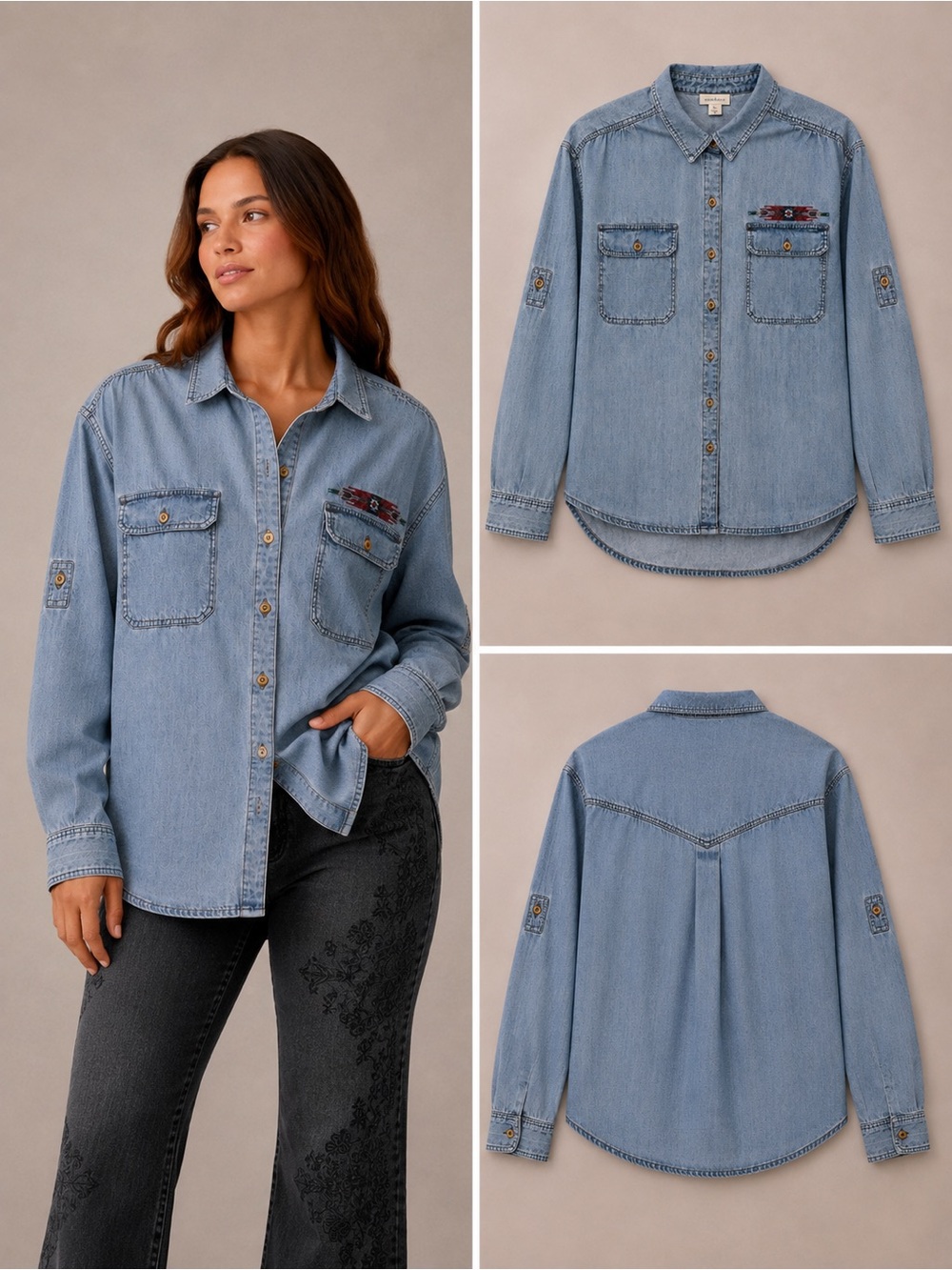 Sundance Charlotte Chambray Shirt PL Lyocell Linen Tribal Embroidered
